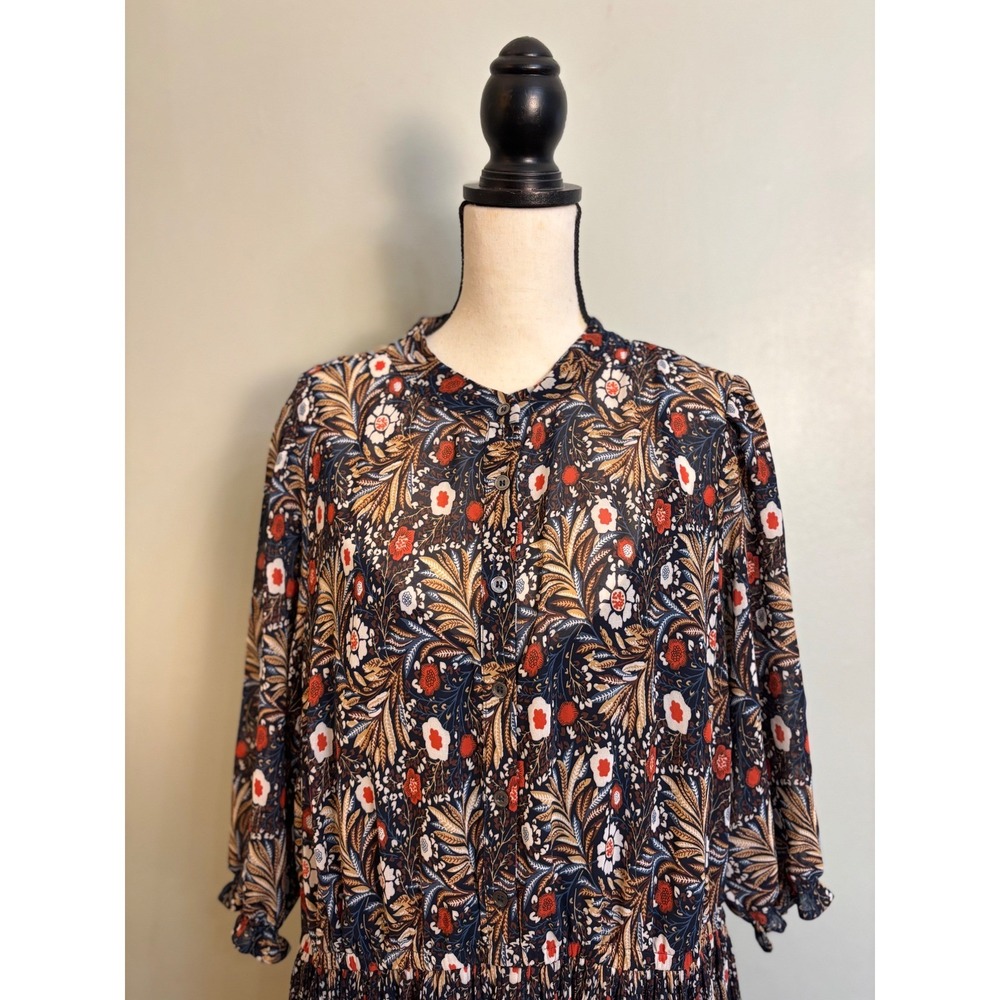 eShakti Floral Midi Dress 3X 26W Cottagecore Boho Pleated Autumn Fall Colors